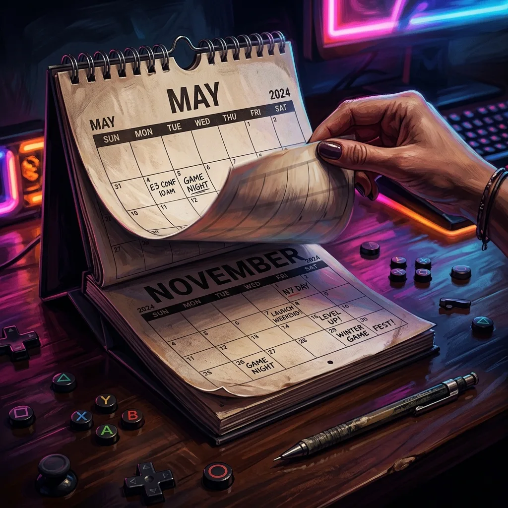 Calendar pages moving from May to November to show a game delay